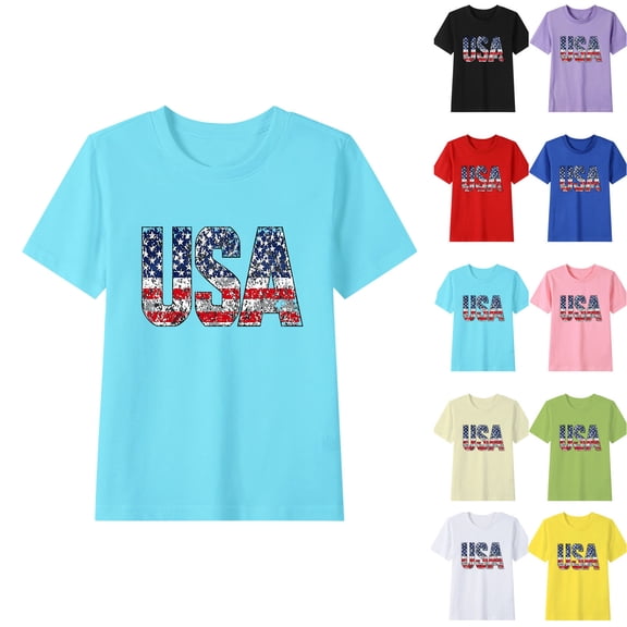 Fatuov Patriotic 4th of July Shirt for Kids Round Neck Comfy Shirt for Girls Boys USA Flag Print Independence Day Summer Short Sleeve Shirt 2-15 Years