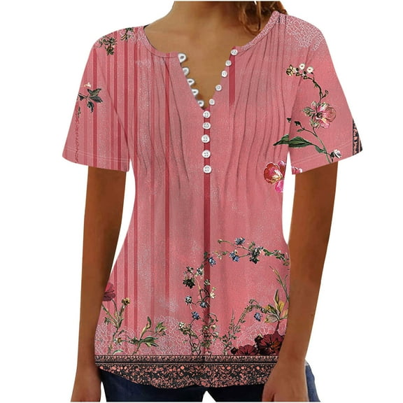 Fatuov Plus Size Blouses for Women Button Up V-Neck Shirts Summer Short Sleeve Floral Printed Pleated Loose Casual Tops Red S
