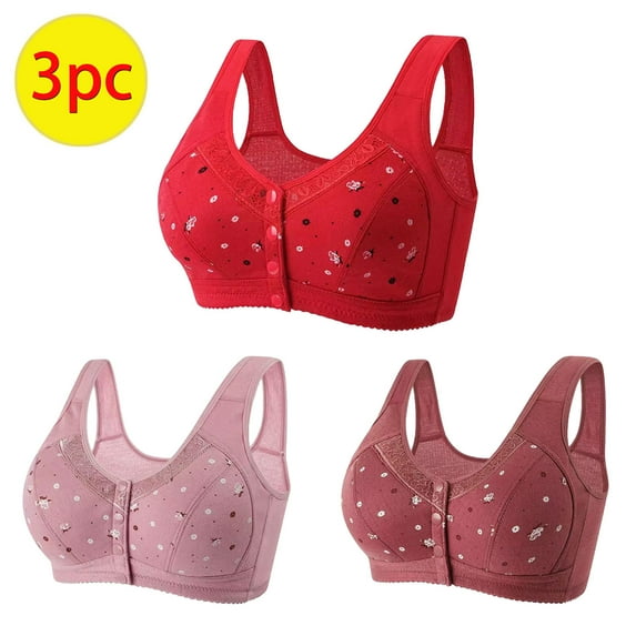 Fatuov Plus Size Bras for Women Front Closure Button Wireless Bras Push-Up Lace Comfortable Everyday Bras Sizes 36A Red+Beige+Wine,3-Pack