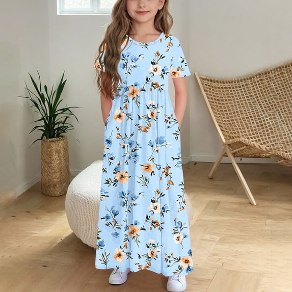 Fatuov Printed Dress for Girls Loose Fit Crew Neck Vacation Long Dress with Pocket Summer Dress for Vacation Size 10 Years