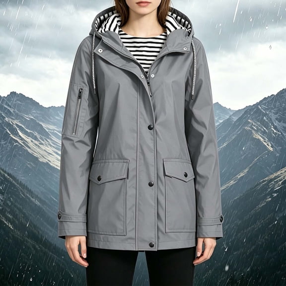 Fatuov Rain Coats Women Fall Winter Waterproof Plus Size Hooded Jackets for Outdoor, Sports, Trench Coat with Zip Up, Drawstring, Side Pocket, Windbreaker