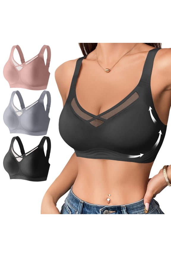 Sports Bra for Women Full Coverage Push Up Wireless Bralette Seamless Soft Casual Bra 34C, 3-Pack, Gray