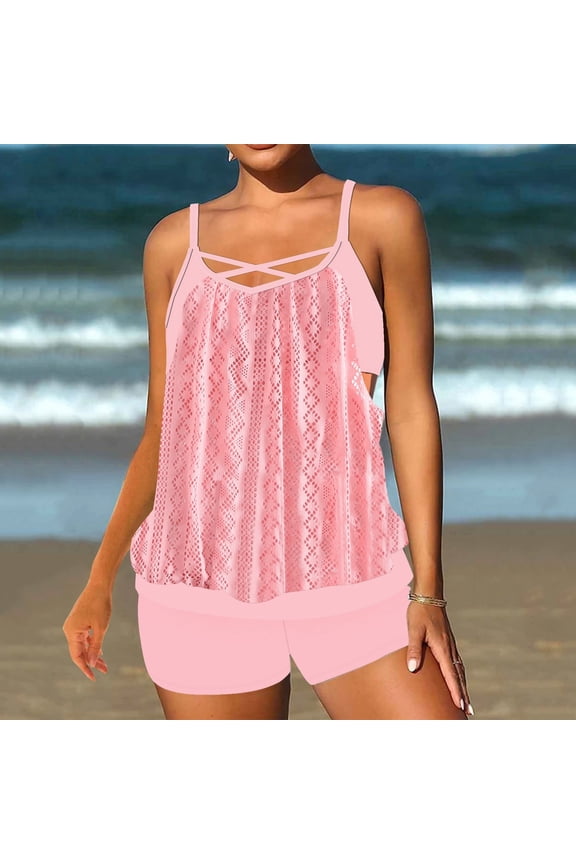 Fatuov Summer Beach Tankinis for Women High Waisted Bikinis Lace Patchwork Print Swimwear Two-Piece Plus Size Swimsuit Sets Pink