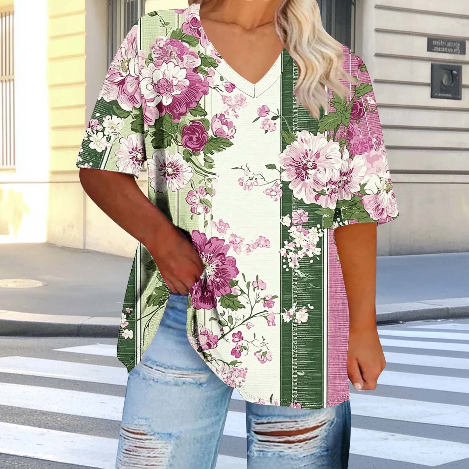 Fatuov Summer Plus Size Tops for Women Short Sleeve Floral Print ...