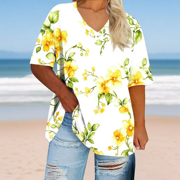 Fatuov Summer Plus Size Tops for Women Short Sleeve Floral Print Trendy Casual Blouses V-Neck Comfort Loose Fit T-Shirts Yellow 3XL