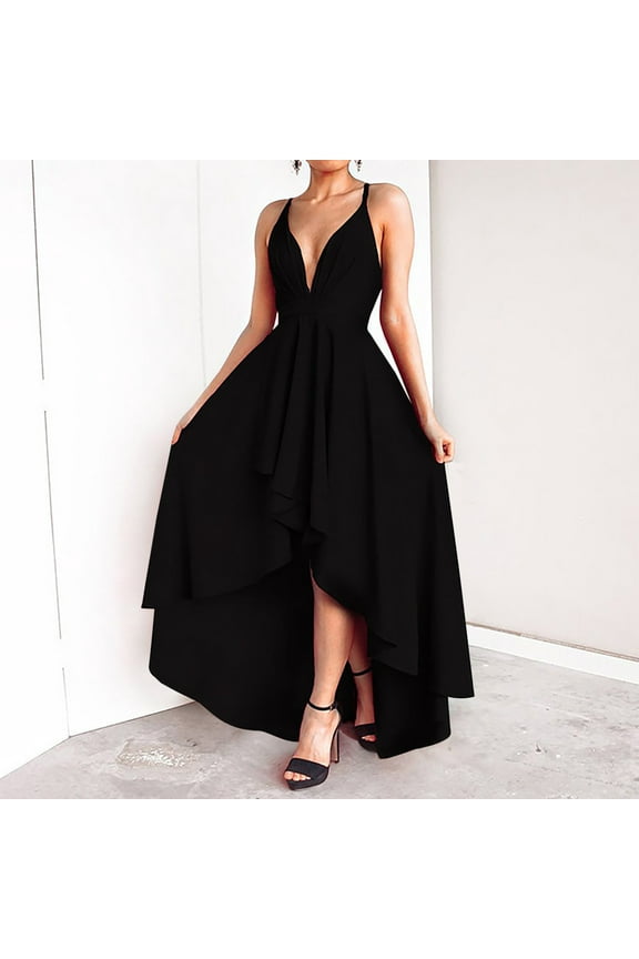 Summer Sexy Evening Cocktail Dresses for Women for Party Plus Size Dresses Solid Color V-Neck Long Dress Black