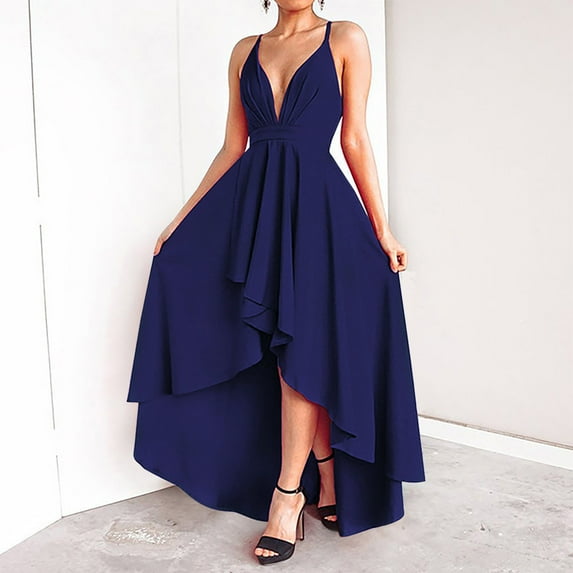 Fatuov Summer Sexy Evening Cocktail Dresses for Women for Party Plus Size Dresses Solid Color V-Neck Long Dress Navy