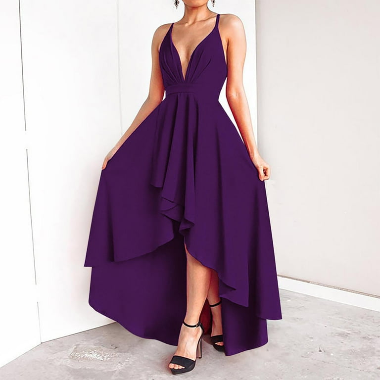 Fatuov Summer Sexy Evening Cocktail Dresses for Women for Party Plus Size  Dresses Solid Color V-Neck Long Dress Purple - Walmart.com