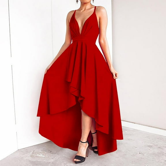 Fatuov Summer Sexy Evening Cocktail Dresses for Women for Party Plus Size Dresses Solid Color V-Neck Long Dress Red