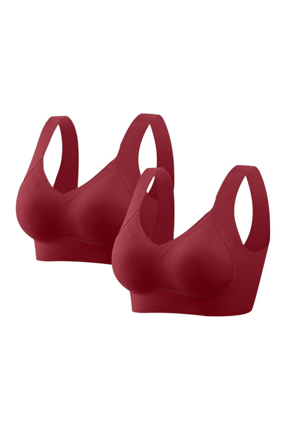 T-Shirt Bras for Women Plus Size Full Coverage Breathable Everyday Bras for Work Seamless Push Up Bralette No Underwire, 2-Pack, Red, 36C