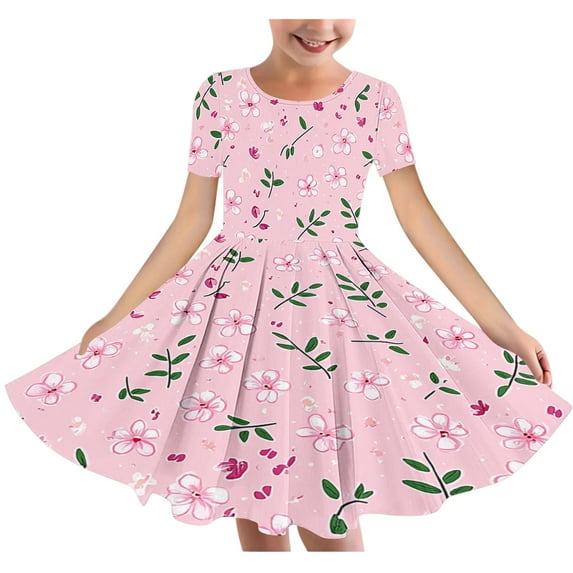 Fatuov T-Shirt Dress for Girls Short Sleeve Crew Neck Comfortable Flowy Dress for Holiday Floral Print Loose Fit Summer Dress Size 11-12 Years