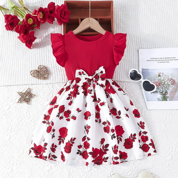 Fatuov Toddler Girls Summer Dress Crew Neck Floral Print Midi A-Line Princess Dress for Party Short Sleeve Everyday Wear Dress Red, Sizes 4T