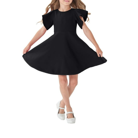 Fatuov Toddler Girls Summer Dress Crew Neck Midi A-Line Casual Dress Solid Color Short Sleeve Play Dress Black, Sizes 5T