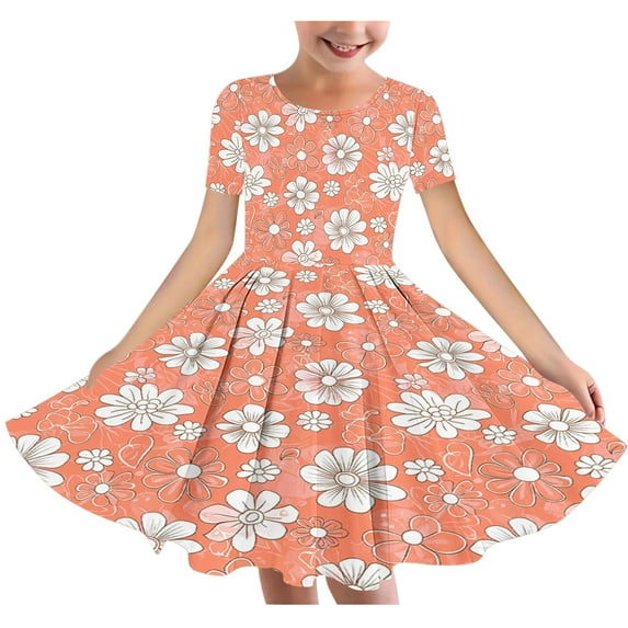 Fatuov Girls Dresses Summer Floral Print Play Dresses for Girls,Kids,Toddler Short Sleeve Crew Neck Midi Dance Dress Orange Size 4T-5T
