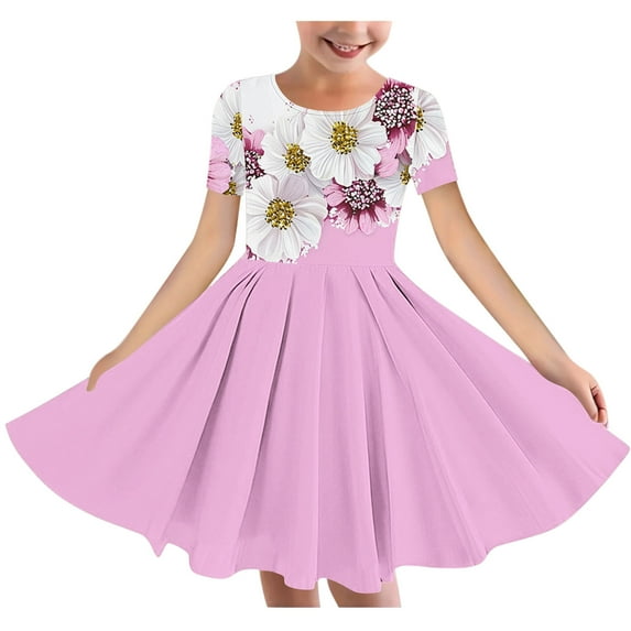 Fatuov Girls Dresses Summer Floral Print Play Dresses for Girls,Kids,Toddler Short Sleeve Crew Neck Midi Dance Dress Purple Size 4T-5T