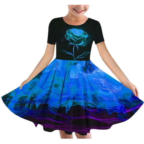 Fatuov Kids Toddler Girls Summer Dress, Short Sleeve A-Line Flowy Midi Dresses Fashion Cute Print Crew Neck Dance Dress Blue Size 4T