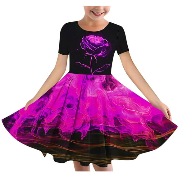 Fatuov Kids Toddler Girls Summer Dress, Short Sleeve A-Line Flowy Midi Dresses Fashion Cute Print Crew Neck Dance Dress Hot Pink Size 4T