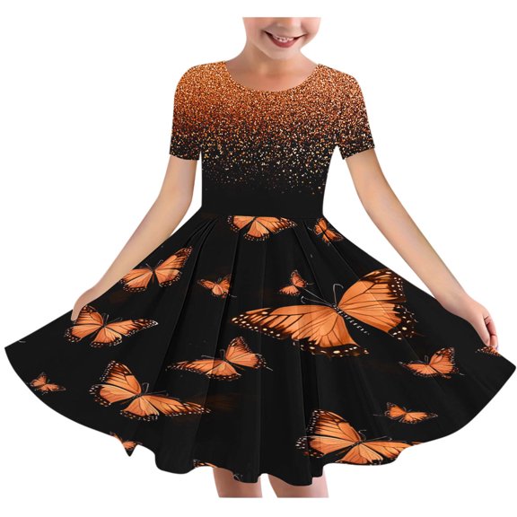 Fatuov Kids Toddler Girls Summer Dress, Short Sleeve A-Line Flowy Midi Dresses Fashion Cute Print Crew Neck Dance Dress Orange Size 4T