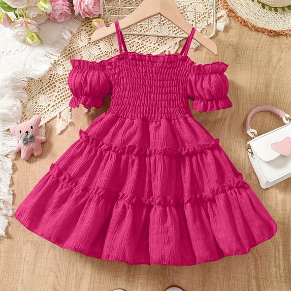 Fatuov Toddler Girls Summer Dress Solid Color Short Sleeve Midi A-Line Princess Dress for Party Crew Neck Play Dress Hot Pink, Sizes 2T