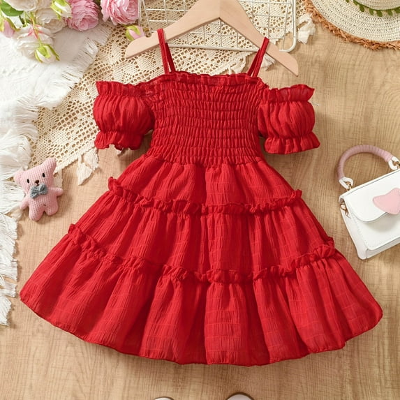 Fatuov Toddler Girls Summer Dress Solid Color Short Sleeve Midi A-Line Princess Dress for Party Crew Neck Play Dress Red, Sizes 1T