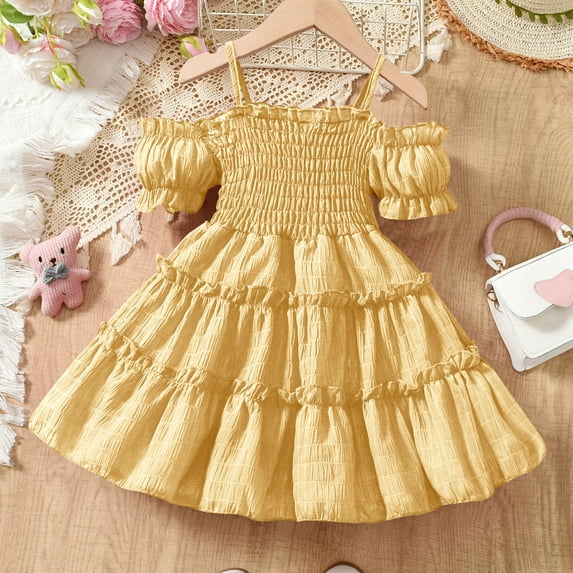 Fatuov Toddler Girls Summer Dress Solid Color Short Sleeve Midi A-Line Princess Dress for Party Crew Neck Play Dress Yellow, Sizes 2T