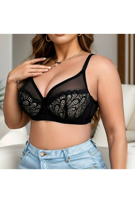 Underwire Bras for Women Plus Size Mesh Everyday Bras Solid Color Breathable Underwear for Home Lace Support Bras 38E, Black