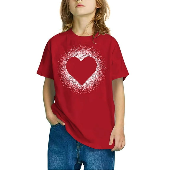 Fatuov Valentine's Day Graphic Tees for Kids Heart Pattern Round Neck Short Sleeve Fashion Cotton Tees for Boys Girls 3-14 Years