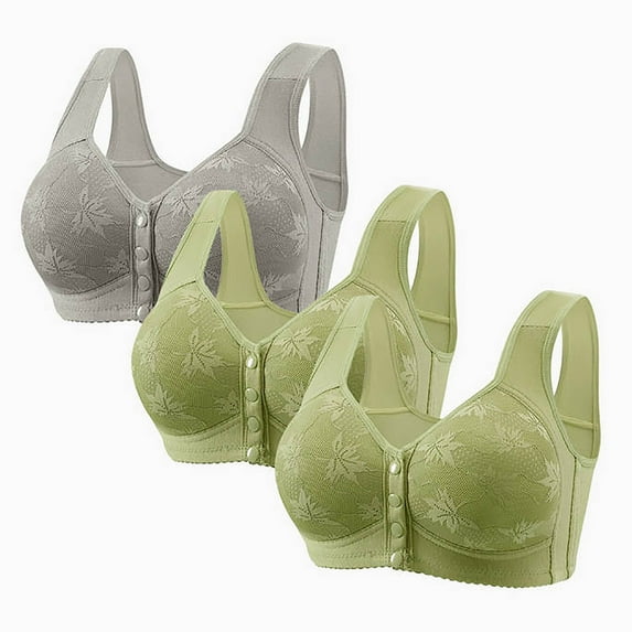 Fatuov Wirefree Bras for Women Front Closure Comfort Bras Underwear Plus Size Sexy Full Coverage Bras 40A, Green, 3-Pack