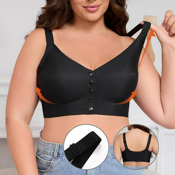 Fatuov Wirefree Bras for Women Front Closure Sexy Push-Up Bralettes for Sleep Full Coverage Spaghetti Straps Plus Size Bras 34B, Black
