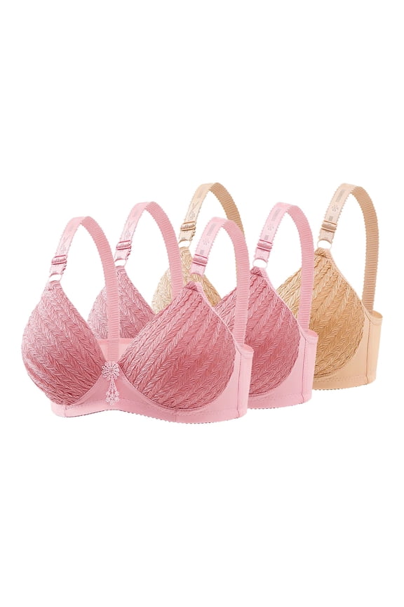Wireless Bras for Women Plus Size Full Coverage Embroidery Breathable Daily Bras for Work Seamless Push Up Lace T-Shirt Bras, 3-Pack, Beige, 40B