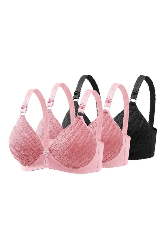 Wireless Bras for Women Plus Size Full Coverage Embroidery Breathable Daily Bras for Work Seamless Push Up Lace T-Shirt Bras, 3-Pack, Black, 38B