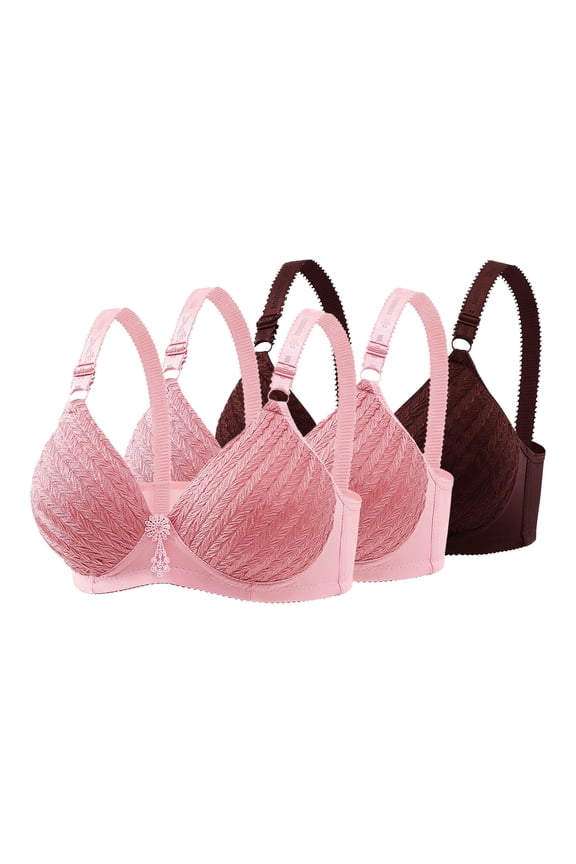 Wireless Bras for Women Plus Size Full Coverage Embroidery Breathable Daily Bras for Work Seamless Push Up Lace T-Shirt Bras, 3-Pack, Coffee, 42B