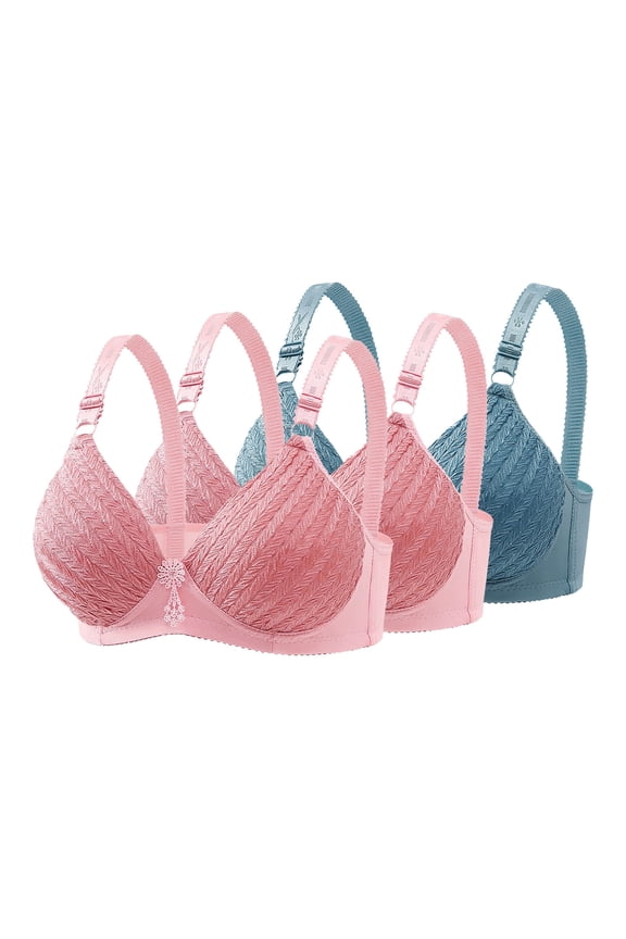 Wireless Bras for Women Plus Size Full Coverage Embroidery Breathable Daily Bras for Work Seamless Push Up Lace T-Shirt Bras, 3-Pack, Light Blue, 36B
