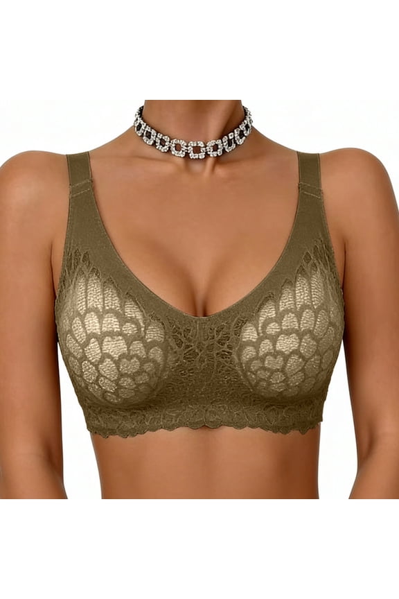 Wireless Bras for Women Plus Size Seamless Push Up Soft Lace Bras for Everyday Adjustable Straps Full Coverage Underwear 28B, Army Green
