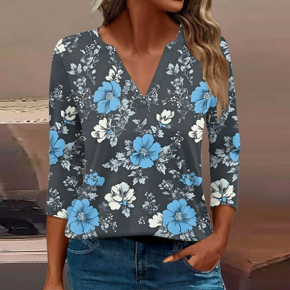 Fatuov Women Shirts Plus Size Crew Neck Floral Print 3/4 Sleeve Dressy Casual Shirts for Fall Drop Shoulder Loose Comfort Blouses Multicolor, S
