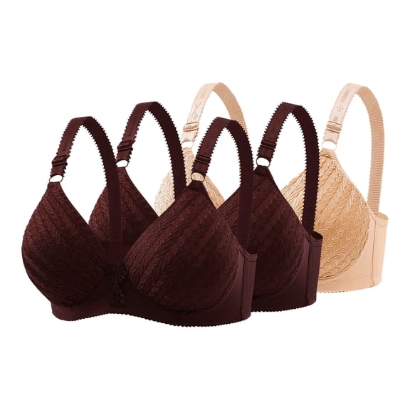 Fatuov Women's Bras Plus Size Full Coverage Seamless Soft T-Shirt Bras for Everyday Wear Push Up Embroidery Lace Bralette No Underwire, 3-Pack, Beige, 42B