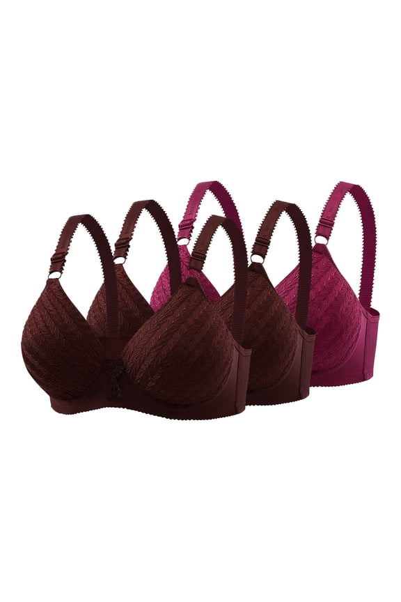 Women's Bras Plus Size Full Coverage Seamless Soft T-Shirt Bras for Everyday Wear Push Up Embroidery Lace Bralette No Underwire, 3-Pack, Wine, 42B