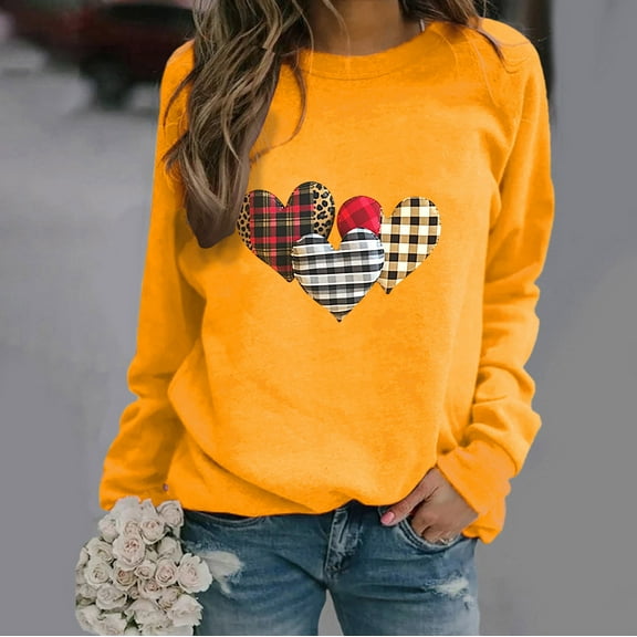YOTAMI Women's Cute Heart Print Shirt Valentine's Day Print Pullover Long Sleeve Loose Fit Crew Neck Top - Valentine's Day Gift for Her
