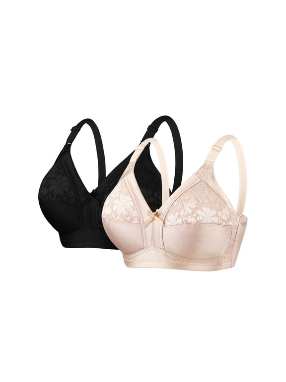 Women's Everyday Bra Patchwork Push Up Plus Size Lace No Underwire Bra Adjustable Strap Solid Color Breathable Bra Beige Bra 46C, 2-Pack