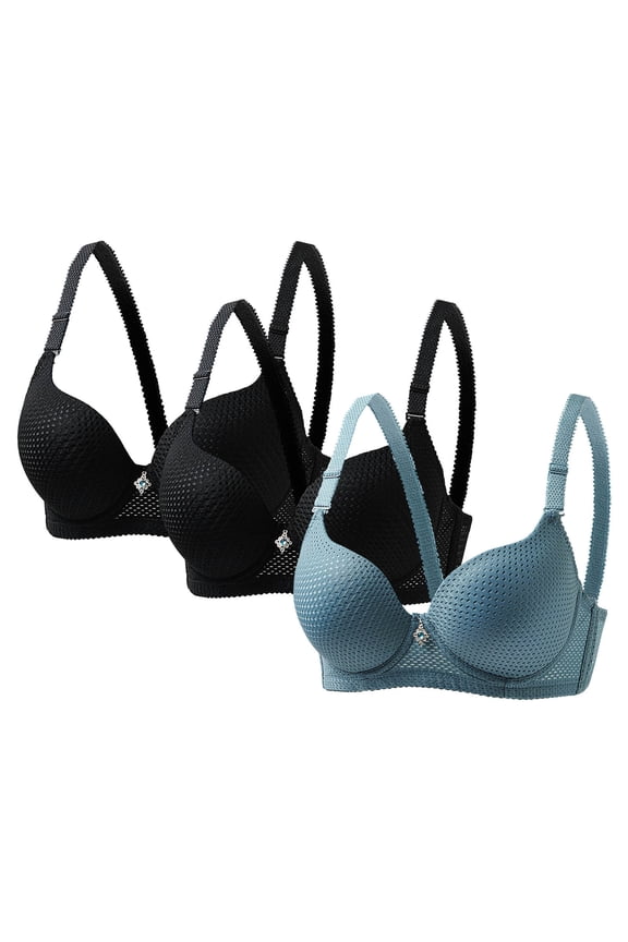 Women's Full Coverage Bra with Underwire Supportive Soft T-Shirt Bra for Leisure, Solid Color Push Up Lightly Lined Bra 3-Pack, 38B, Blue