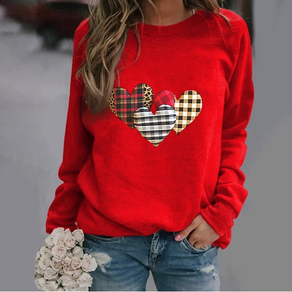 YOTAMI Women's Heart Print Shirt Long Sleeve Pullover Valentine's Day Print Loose Fit Crew Neck Casual Blouse - Valentine's Day Gift for Her