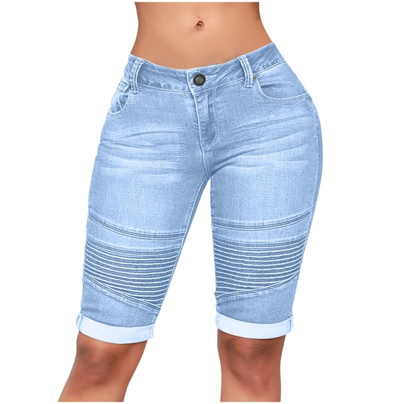 Fatuov Women's High Waisted Denim Shorts with Pocket Stretchy Jean Shorts for Travel Summer Shorts, Light Blue, W34 L22