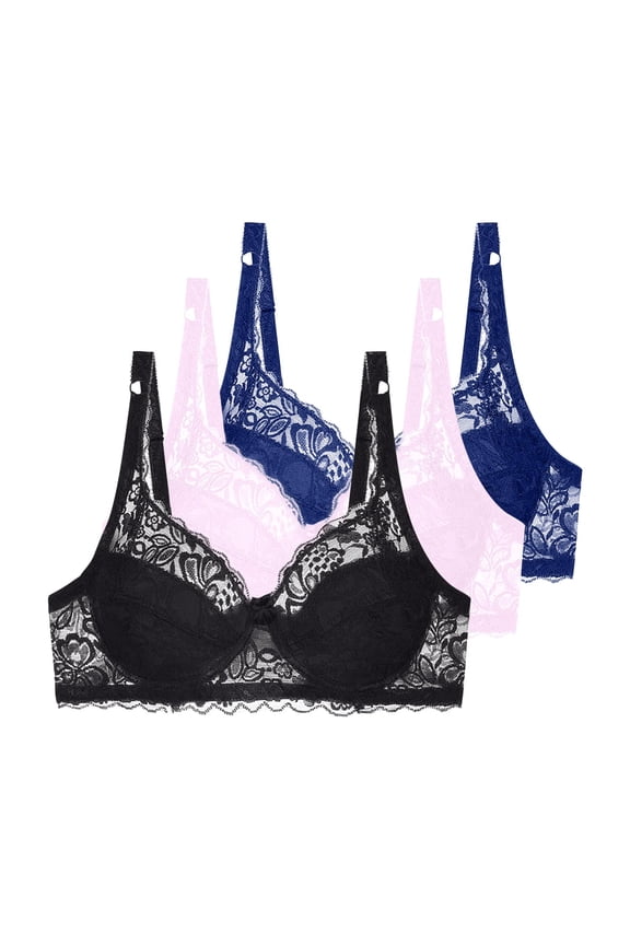 Women's Lace Bra with Underwire Full Coverage Breathable Daily Bra for Outdoor, Push Up Solid Color Supportive Lightly Lined Bra 3-Pack, 36C, Black