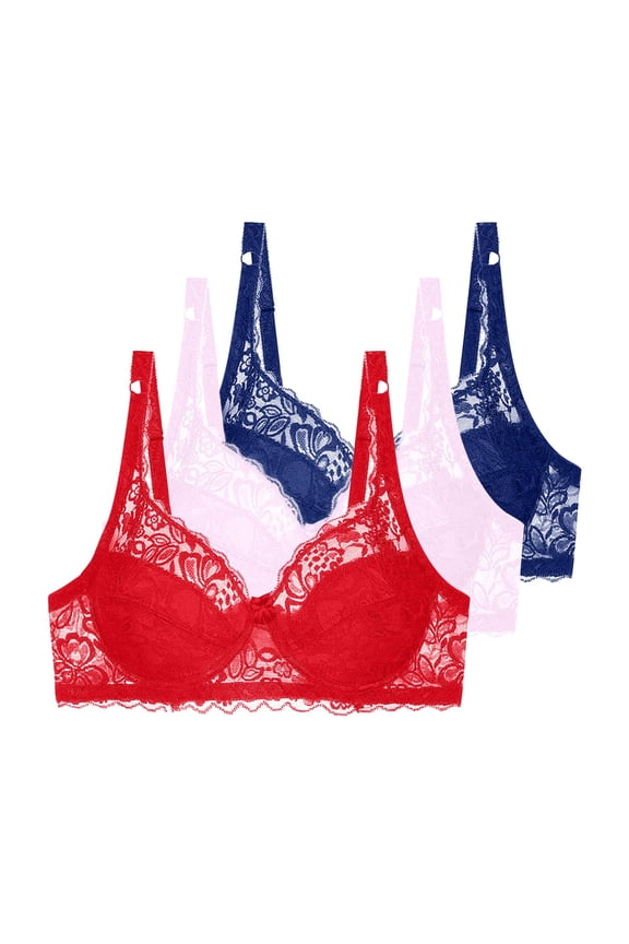 Women's Lace Bra with Underwire Full Coverage Breathable Daily Bra for Outdoor, Push Up Solid Color Supportive Lightly Lined Bra 3-Pack, 38C, Red