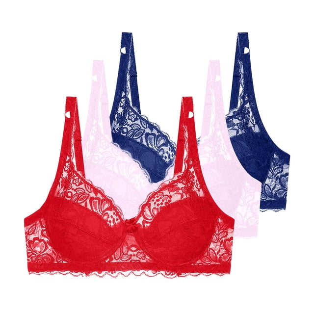 Fatuov Women's Lace Bra with Underwire Full Coverage Breathable Daily Bra for Outdoor, Push Up Solid Color Supportive Lightly Lined Bra 3-Pack, 44C, Red