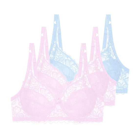 Fatuov Women's Lace Bra with Underwire Full Coverage Breathable T-Shirt Bra for Party, Push Up Supportive Solid Color Lightly Lined Bra 3-Pack, 34B, Light Blue