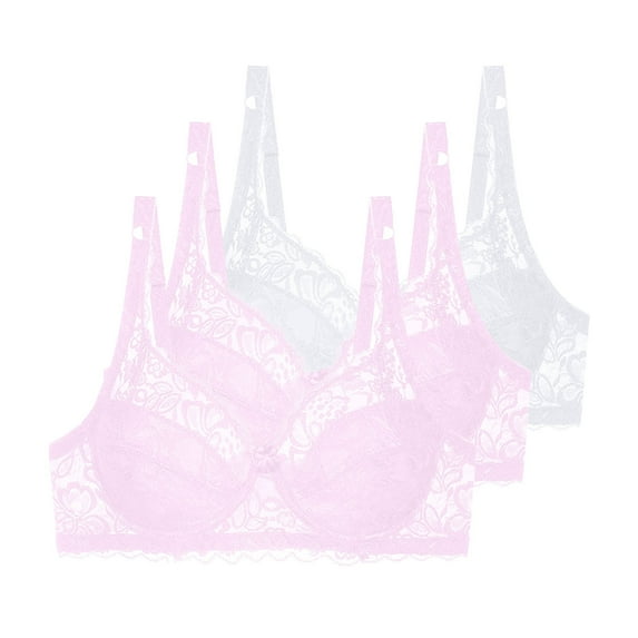 Fatuov Women's Lace Bra with Underwire Full Coverage Breathable T-Shirt Bra for Party, Push Up Supportive Solid Color Lightly Lined Bra 3-Pack, 42B, White