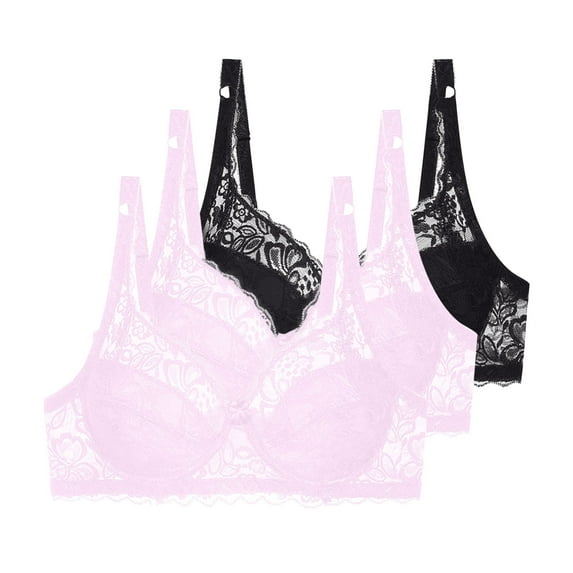 Fatuov Women's Lace Bra with Underwire Full Coverage Breathable T-Shirt Bra for Party, Push Up Supportive Solid Color Lightly Lined Bra 3-Pack, 44C, Black