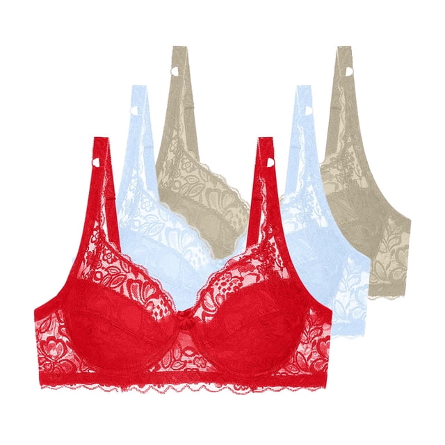 Fatuov Women's Lace Bra with Underwire Solid Color Breathable Everyday Bra for Party, Supportive Push Up Full Coverage Lightly Lined Bra 3-Pack, 42B, Red