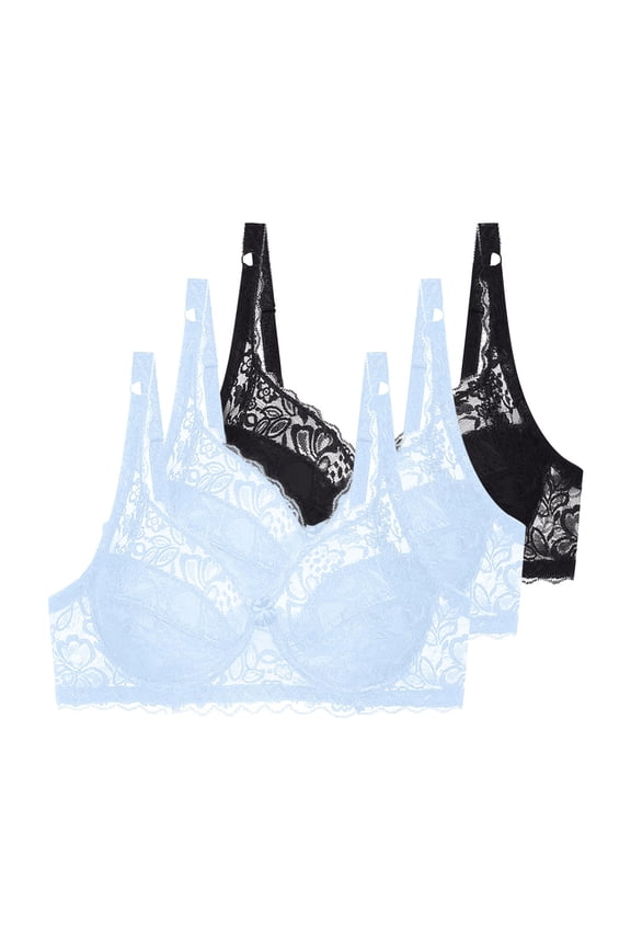 Women's Lace Bra with Underwire Solid Color Comfort Daily Bra for Gift, Supportive Push Up Full Coverage Lightly Lined Bra 3-Pack, 36B, Black